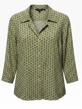 Boden Olive Green Geometric Print Button-Down Shirt 3/4 Sleeves MED